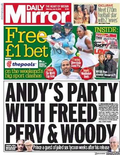 Daily Mirror Newspaper Front Page for 13 July 2019