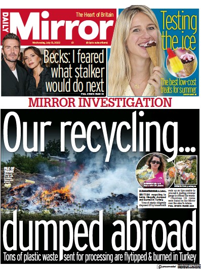 Daily Mirror Newspaper Front Page for 13 July 2022