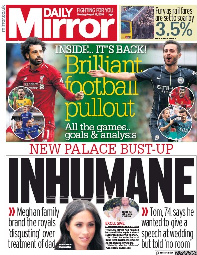 Daily Mirror Newspaper Front Page for 13 August 2018