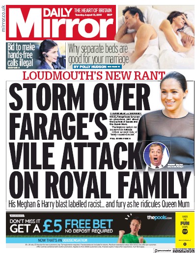 Daily Mirror Newspaper Front Page for 13 August 2019