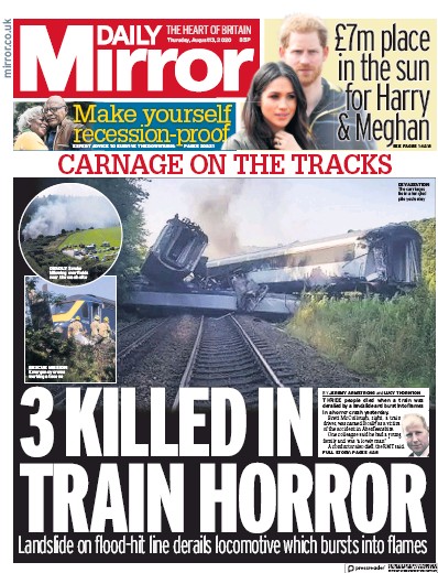 Daily Mirror Newspaper Front Page for 13 August 2020