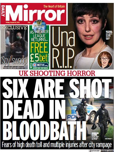 Daily Mirror (UK) Newspaper Front Page for 13 August 2021