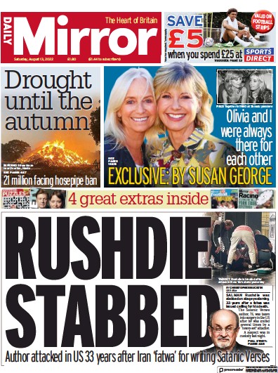 Daily Mirror (UK) Newspaper Front Page for 13 August 2022