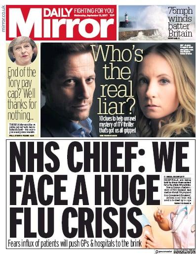 Daily Mirror Newspaper Front Page for 13 September 2017