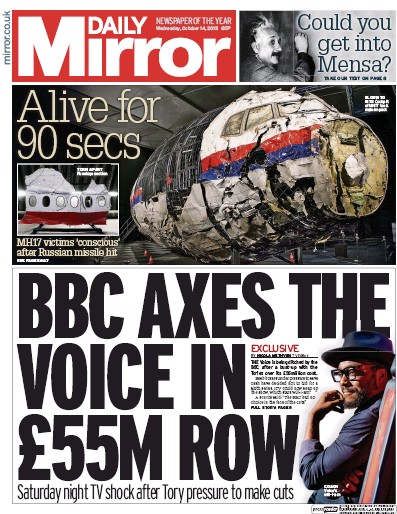 Daily Mirror Newspaper Front Page for 14 October 2015