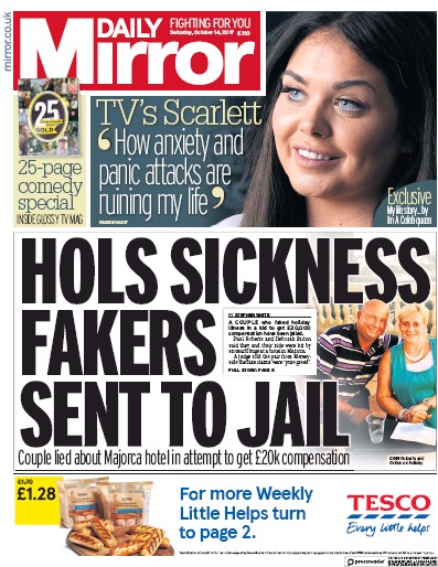 Daily Mirror Newspaper Front Page for 14 October 2017