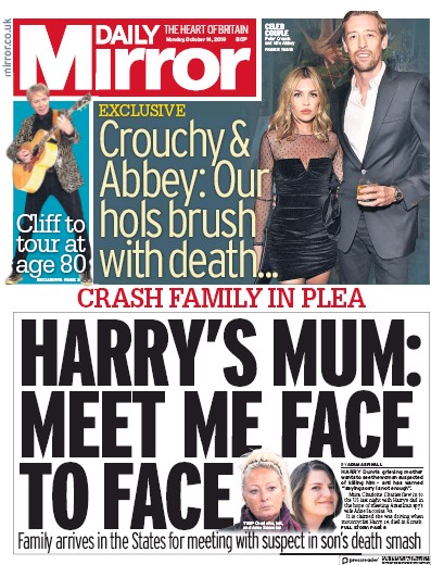 Daily Mirror Newspaper Front Page for 14 October 2019