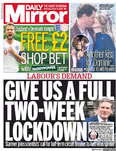 Daily Mirror (UK) Newspaper Front Page for 14 October 2020