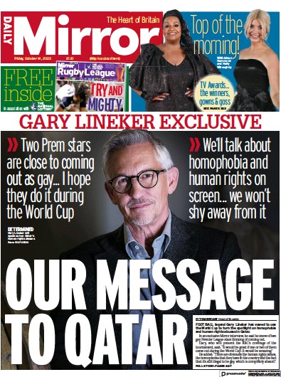 Daily Mirror Newspaper Front Page for 14 October 2022