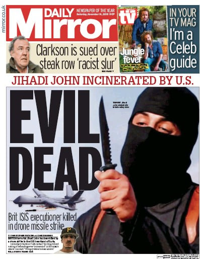 Daily Mirror Newspaper Front Page for 14 November 2015