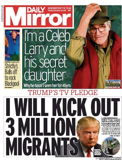 Daily Mirror (UK) Newspaper Front Page for 14 November 2016
