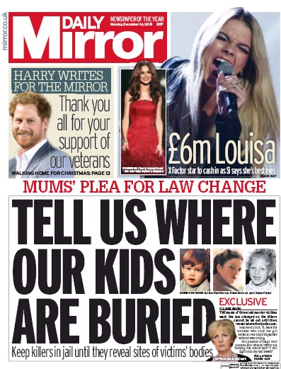 Daily Mirror (UK) Newspaper Front Page for 14 December 2015