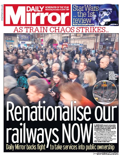 Daily Mirror Newspaper Front Page for 14 December 2016