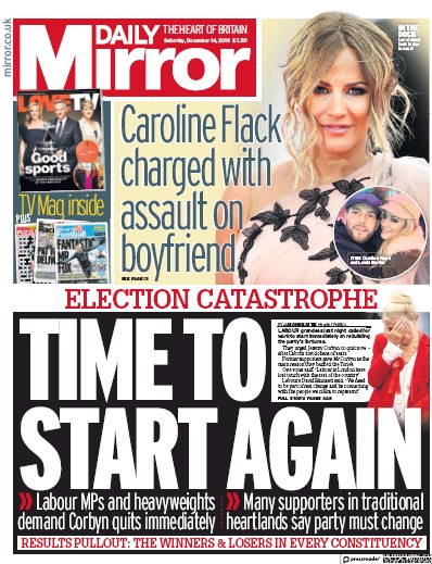 Daily Mirror Newspaper Front Page for 14 December 2019