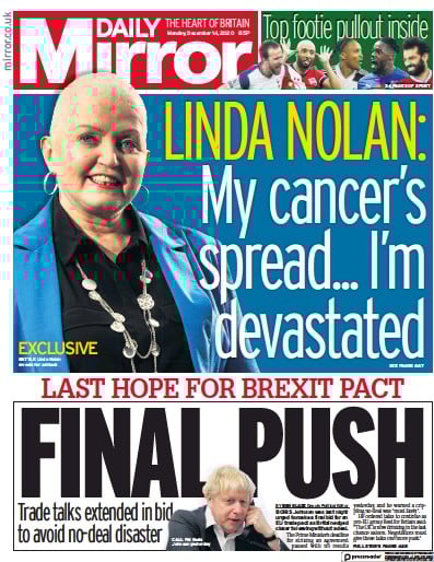 Daily Mirror (UK) Newspaper Front Page for 14 December 2020