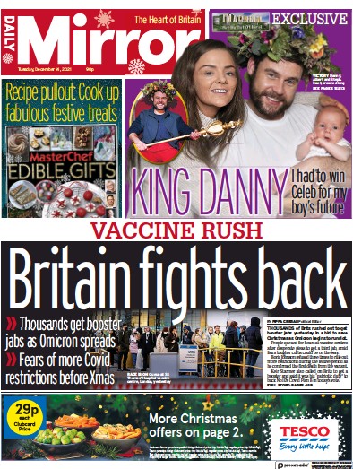Daily Mirror (UK) Newspaper Front Page for 14 December 2021