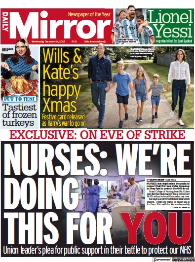 Daily Mirror (UK) Newspaper Front Page for 14 December 2022
