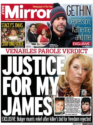 Daily Mirror Newspaper Front Page for 14 December 2023