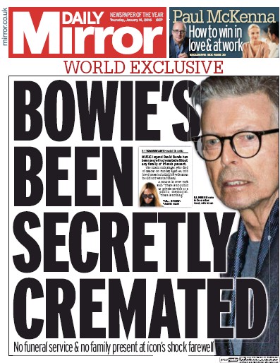 Daily Mirror Newspaper Front Page for 14 January 2016