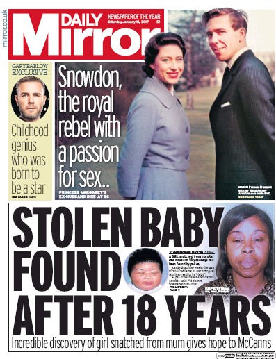 Daily Mirror Newspaper Front Page for 14 January 2017