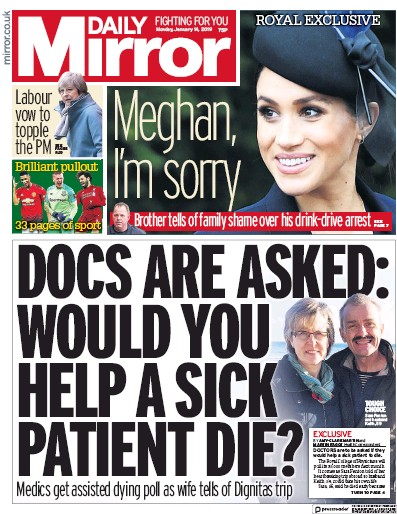 Daily Mirror Newspaper Front Page for 14 January 2019
