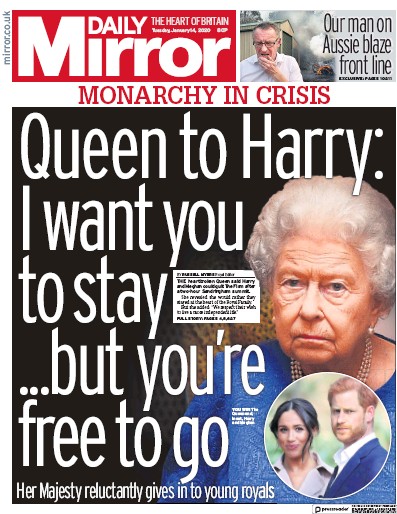 Daily Mirror Newspaper Front Page for 14 January 2020