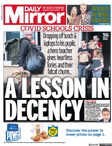 Daily Mirror Newspaper Front Page for 14 January 2021