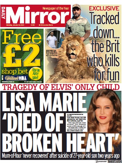 Daily Mirror (UK) Newspaper Front Page for 14 January 2023