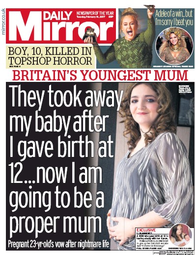 Daily Mirror Newspaper Front Page for 14 February 2017
