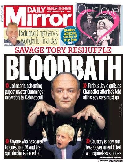 Daily Mirror Newspaper Front Page for 14 February 2020