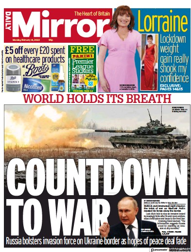 Daily Mirror (UK) Newspaper Front Page for 14 February 2022