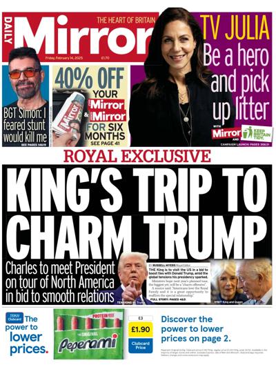 Daily Mirror (UK) Newspaper Front Page for 14 February 2025