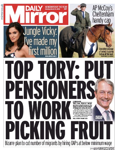 Daily Mirror Newspaper Front Page for 14 March 2016