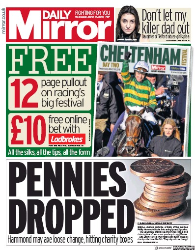 Daily Mirror Newspaper Front Page for 14 March 2018