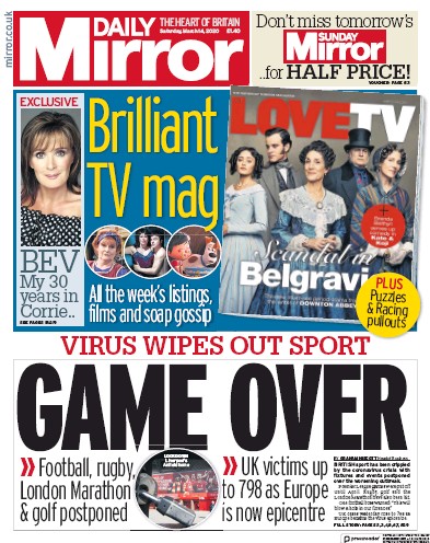 Daily Mirror Newspaper Front Page for 14 March 2020