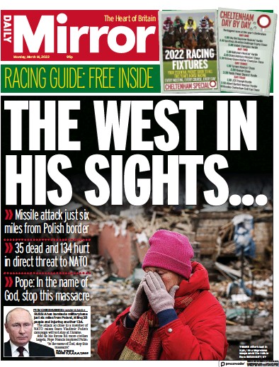 Daily Mirror Newspaper Front Page for 14 March 2022