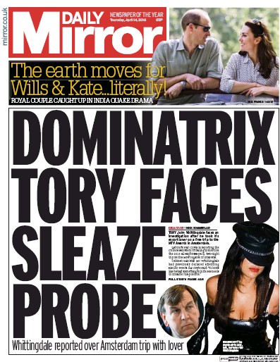 Daily Mirror Newspaper Front Page for 14 April 2016