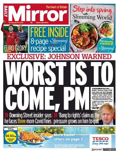 Daily Mirror (UK) Newspaper Front Page for 14 April 2022