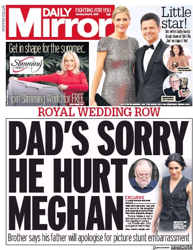 Daily Mirror (UK) Newspaper Front Page for 14 May 2018