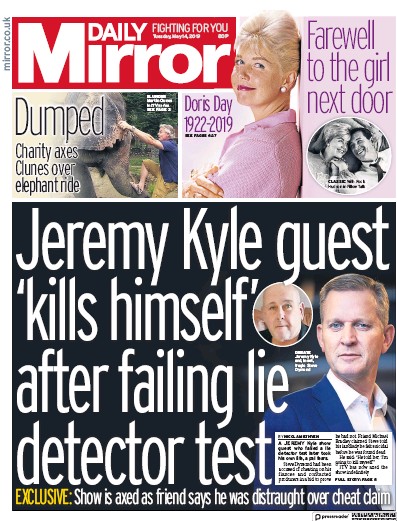 Daily Mirror Newspaper Front Page for 14 May 2019