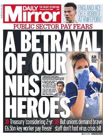 Daily Mirror Newspaper Front Page for 14 May 2020