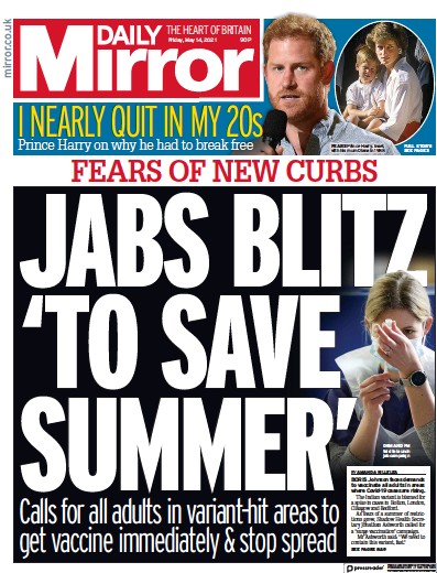 Daily Mirror (UK) Newspaper Front Page for 14 May 2021