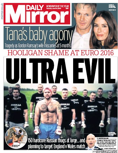 Daily Mirror Newspaper Front Page for 14 June 2016