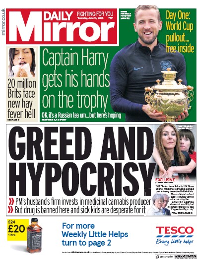 Daily Mirror Newspaper Front Page for 14 June 2018