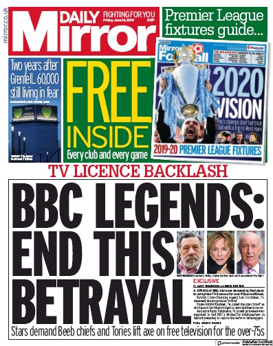 Daily Mirror Newspaper Front Page for 14 June 2019