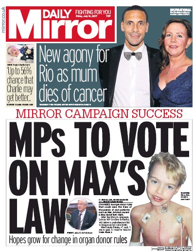 Daily Mirror Newspaper Front Page for 14 July 2017