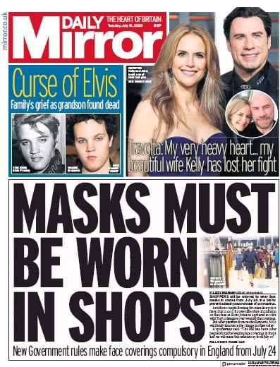 Daily Mirror (UK) Newspaper Front Page for 14 July 2020