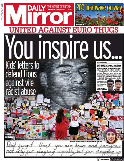Daily Mirror (UK) Newspaper Front Page for 14 July 2021