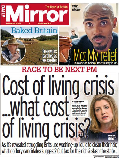 Daily Mirror (UK) Newspaper Front Page for 14 July 2022
