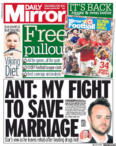 Daily Mirror Newspaper Front Page for 14 August 2017